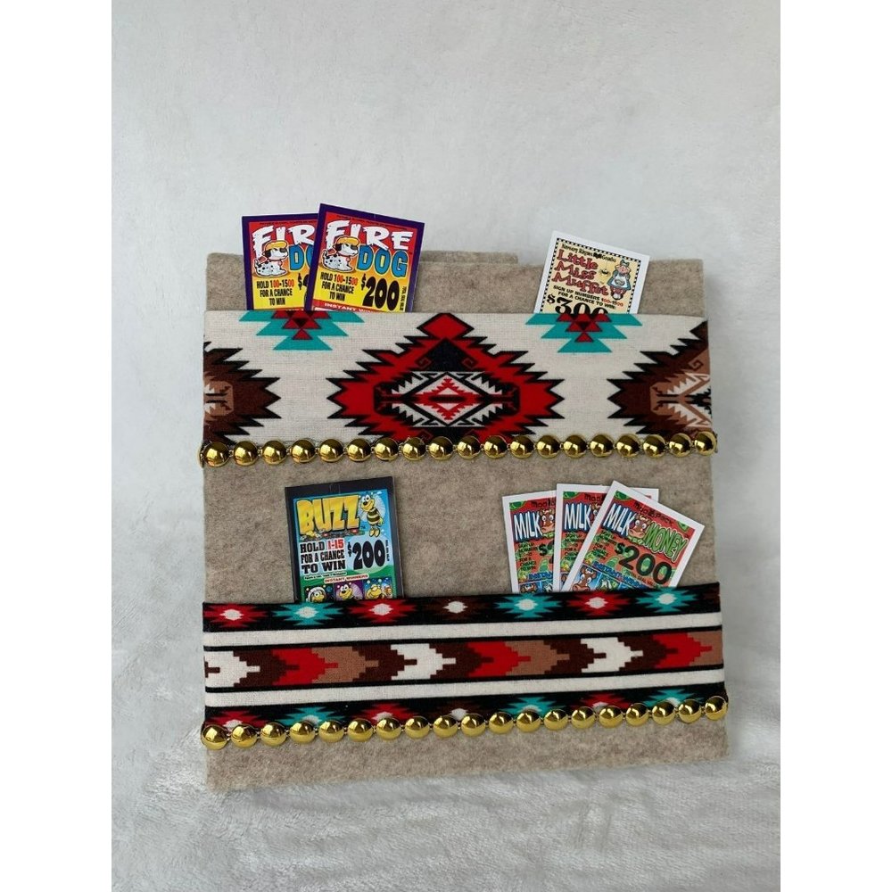 Bingo pull tab tip jar, playing card caddy holder western aztec design gold trim